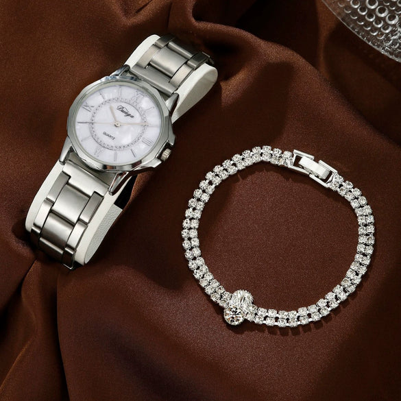 Business Style Round Dial Alloy Strap Quartz Watch For Female With Stainless Steel Clasp