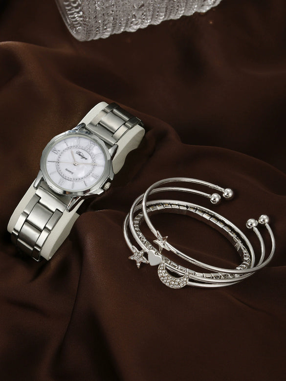 Business Style Round Dial Alloy Strap Quartz Watch For Female With Stainless Steel Clasp