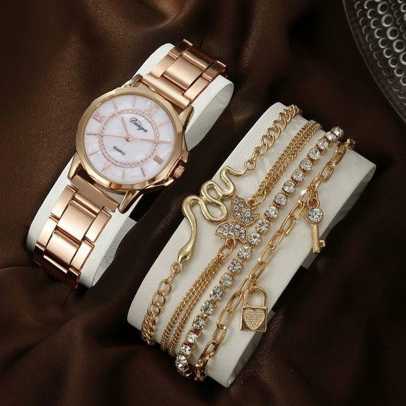 Business Style Round Dial Alloy Strap Quartz Watch For Female With Stainless Steel Clasp