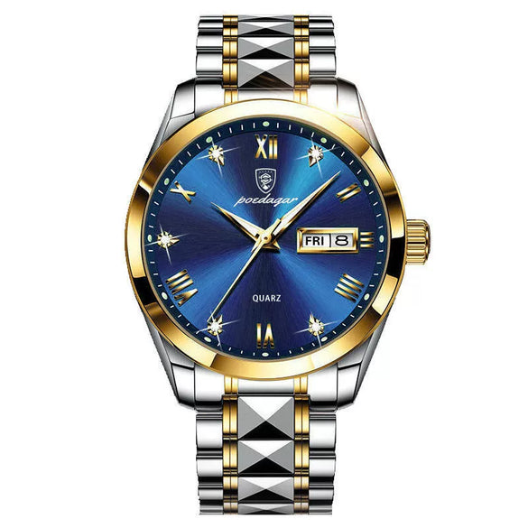Business Style Waterproof Luminous Double Calendar Men's Watch With Alloy Case Stainless Steel Strap And Mineral Strengthened Glass Mirror