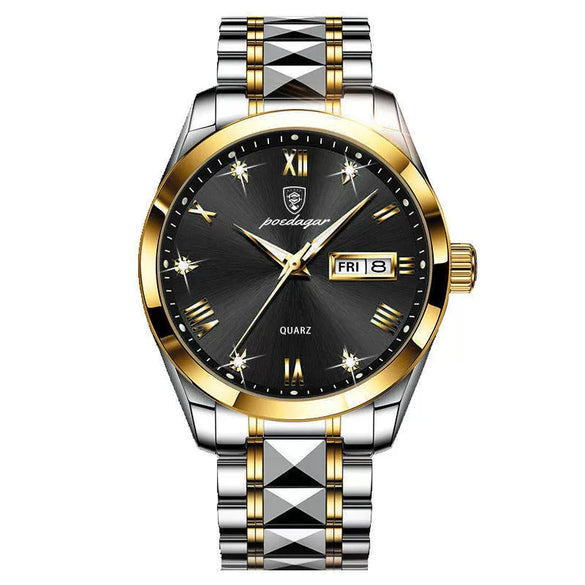 Business Style Waterproof Luminous Double Calendar Men's Watch With Alloy Case Stainless Steel Strap And Mineral Strengthened Glass Mirror