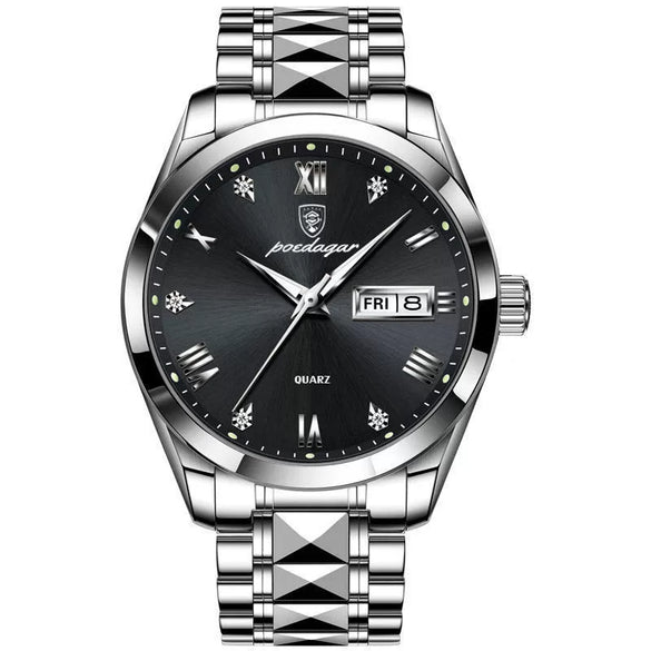 Business Style Waterproof Luminous Double Calendar Men's Watch With Alloy Case Stainless Steel Strap And Mineral Strengthened Glass Mirror