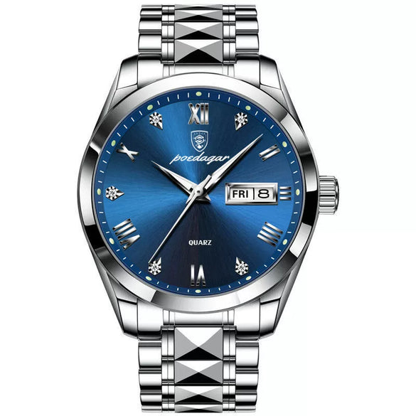 Business Style Waterproof Luminous Double Calendar Men's Watch With Alloy Case Stainless Steel Strap And Mineral Strengthened Glass Mirror