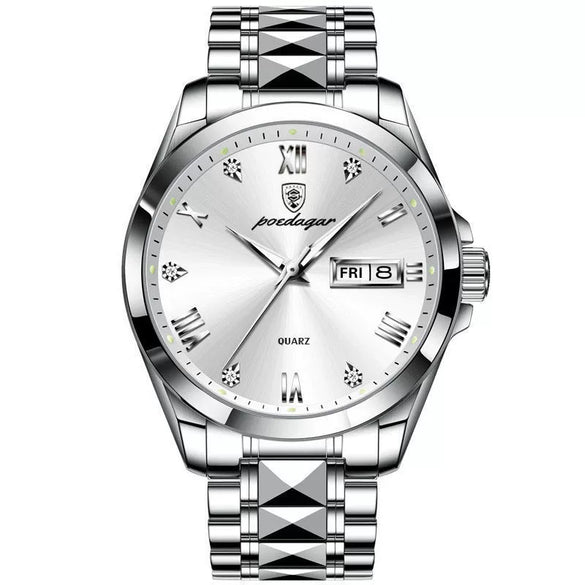 Business Style Waterproof Luminous Double Calendar Men's Watch With Alloy Case Stainless Steel Strap And Mineral Strengthened Glass Mirror