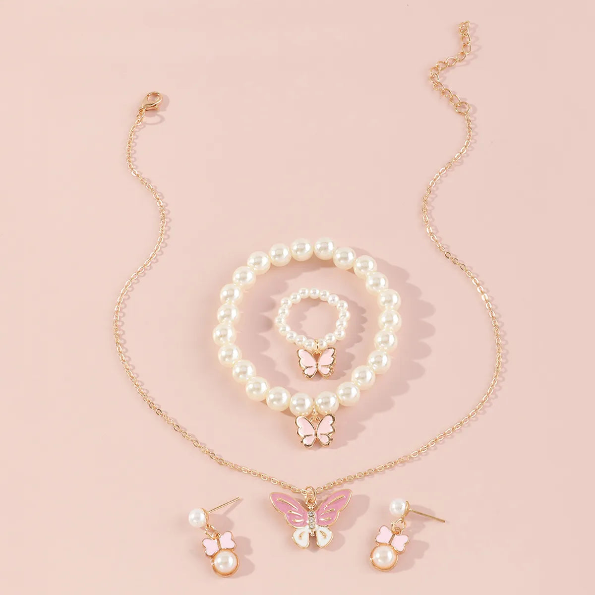 Butterfly Alloy Pendant Children Necklace Pearl Bracelet Set