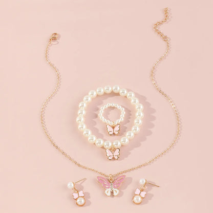 Butterfly Alloy Pendant Children Necklace Pearl Bracelet Set