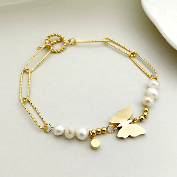 Butterfly Pendant Bracelet Stainless Steel Zircon Freshwater Pearl Electroplated For Women
