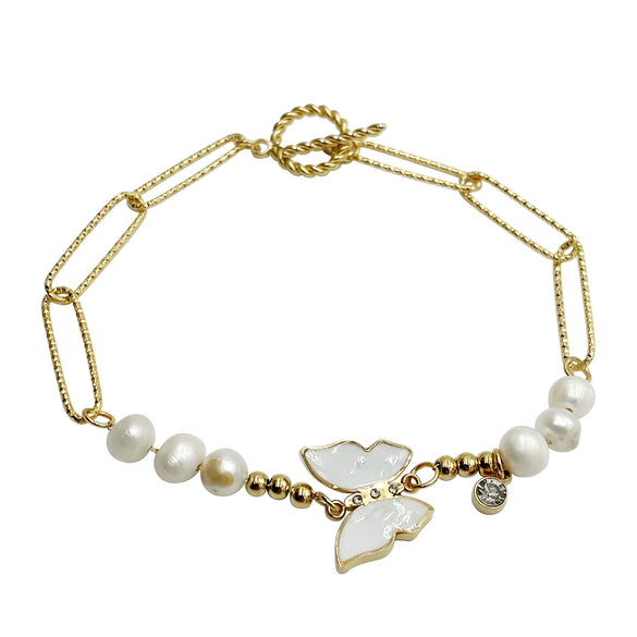 Butterfly Pendant Bracelet Stainless Steel Zircon Freshwater Pearl Electroplated For Women