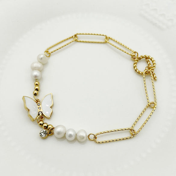 Butterfly Pendant Bracelet Stainless Steel Zircon Freshwater Pearl Electroplated For Women