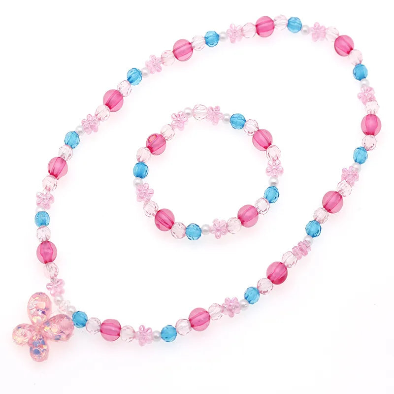 Butterfly Pendant Color Acrylic Handmade Bead Bracelet And Necklace Set