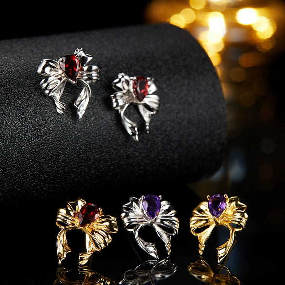 Butterfly Style S925 Sterling Silver Natural Colored Gemstone Stud Earrings For Women Set With Gems Animal Zodiac Design