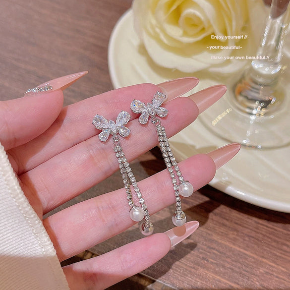 Butterfly Tassel Stud Earrings Pearl Copper Animal Zodiac Design Sweet Style For Women