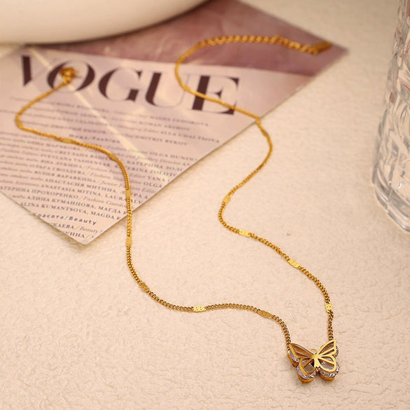 Butterfly Zircon 316L Stainless Steel Women's Necklace With Animal Zodiac Pattern And Electroplating Treatment