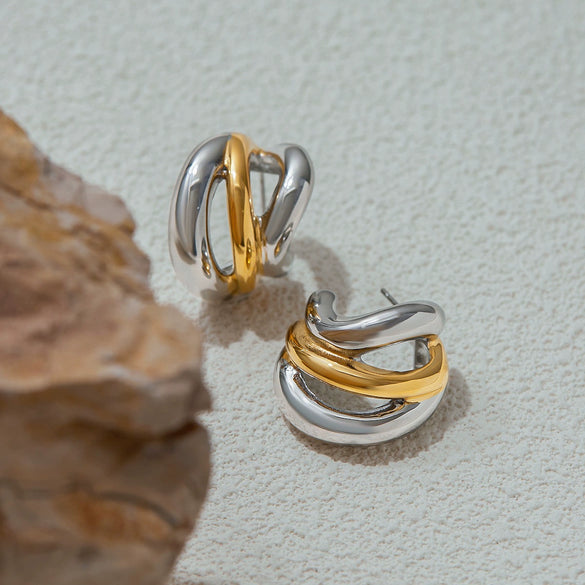 C Shaped Stainless Steel Earrings For Women Geometric Design Electroplated