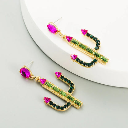 Cactus Alloy Inlaid Rhinestones S925 Silver Needle Hypoallergenic Long Earrings