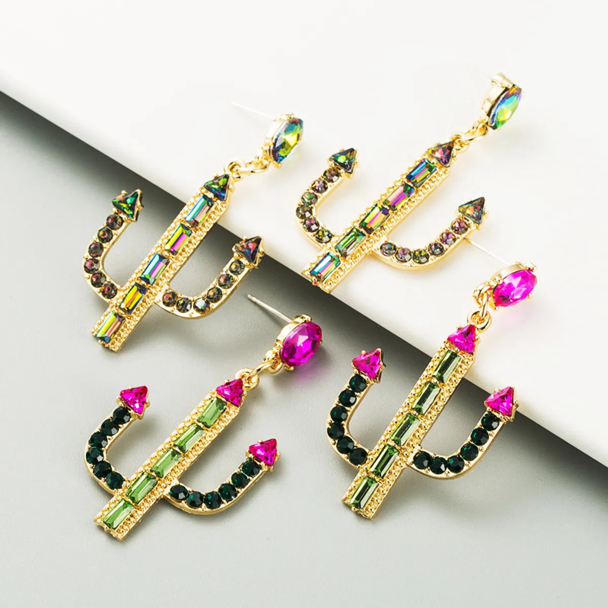 Cactus Alloy Inlaid Rhinestones S925 Silver Needle Hypoallergenic Long Earrings