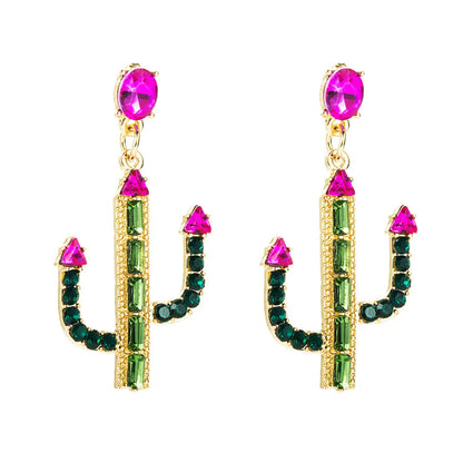 Cactus Alloy Inlaid Rhinestones S925 Silver Needle Hypoallergenic Long Earrings