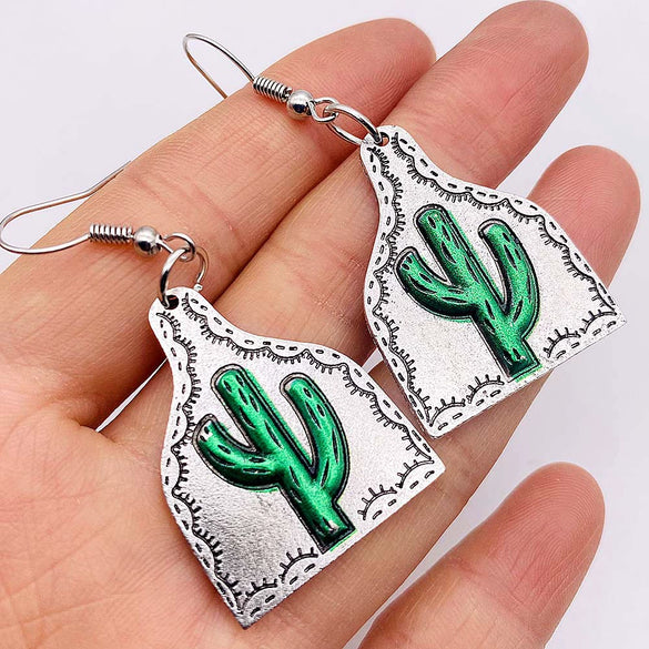 Cactus Earrings Metal Vintage Plant Flowers Pendant