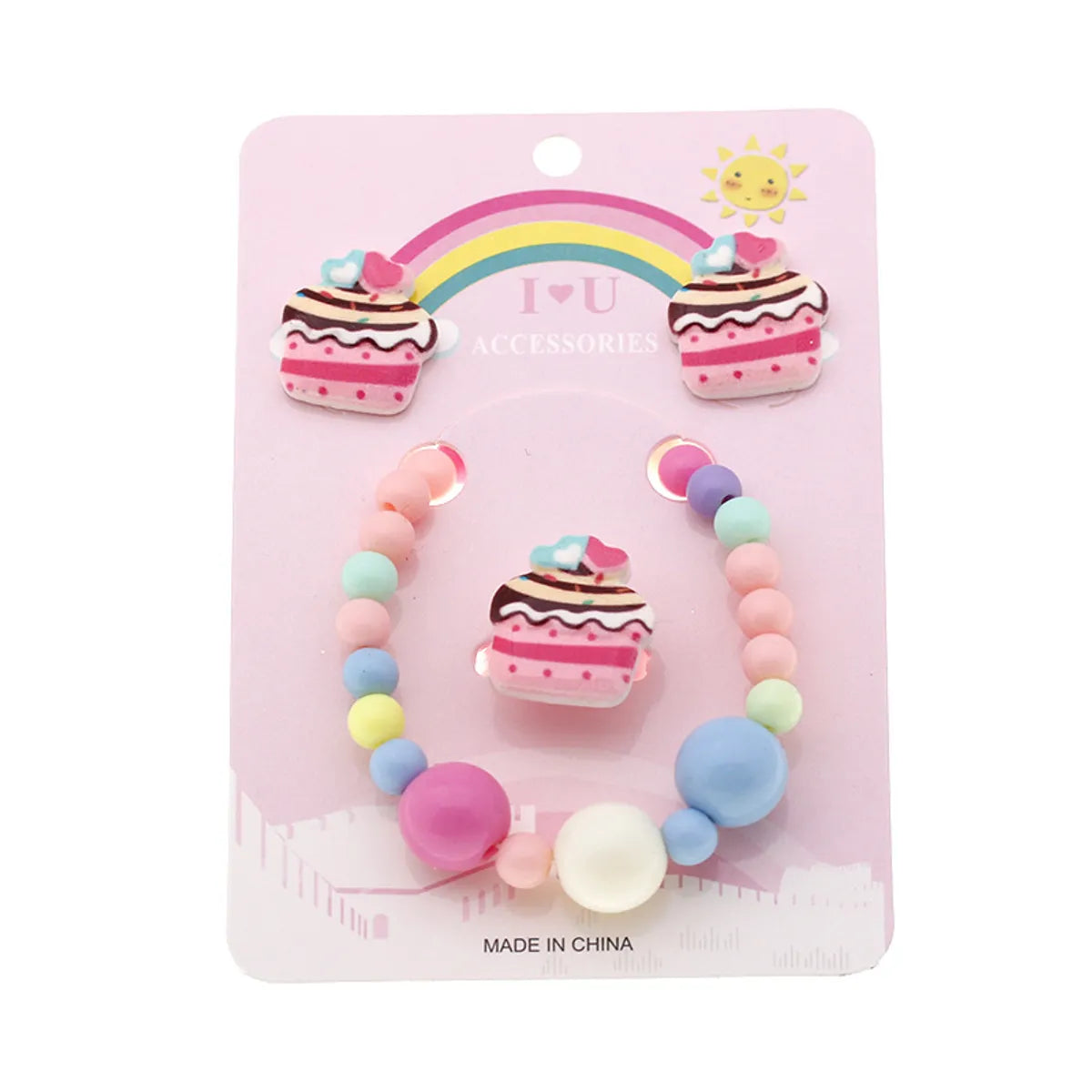 Cake Acrylic Handmade Beaded Earring Ring Bracelet Three-piece Set