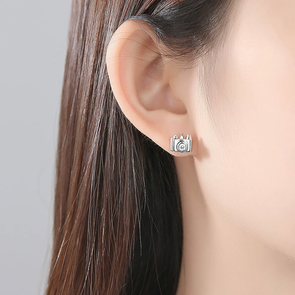 Camera Motif Copper Stud Earrings With Inlaid Zircon Geometric Artistic Jewelry For Women Wholesale