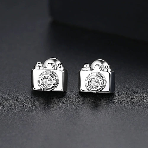 Camera Motif Copper Stud Earrings With Inlaid Zircon Geometric Artistic Jewelry For Women Wholesale