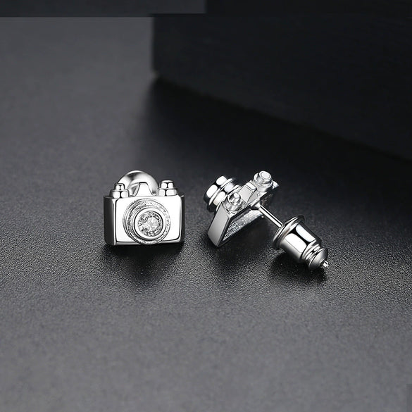 Camera Motif Copper Stud Earrings With Inlaid Zircon Geometric Artistic Jewelry For Women Wholesale
