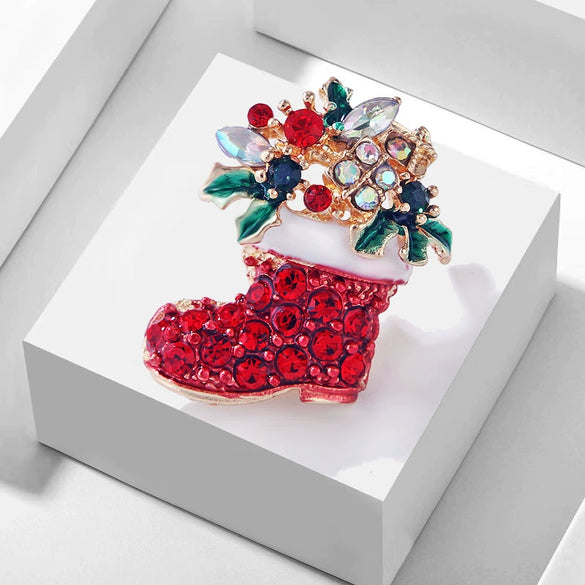 Cartoon Christmas Boots Brooch Badge For Children Electroplated Alloy With Artificial And Semiprecious Gemstone Accents