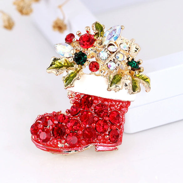 Cartoon Christmas Boots Brooch Badge For Children Electroplated Alloy With Artificial And Semiprecious Gemstone Accents