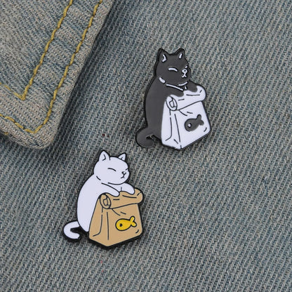 Cartoon Cute White Cat Black Cat Backpack Alloy Brooch