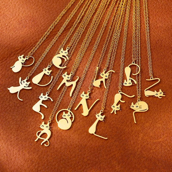 Cartoon Jewelry Kitten Pendant Stainless Steel Necklace With Letter Pattern And Electroplating Treatment