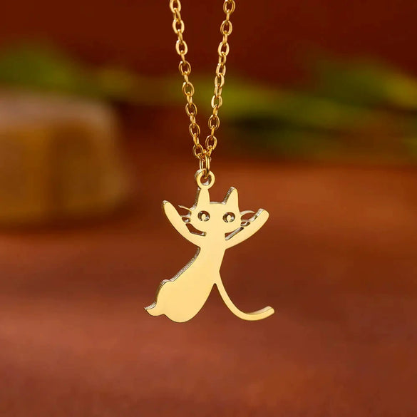 Cartoon Jewelry Kitten Pendant Stainless Steel Necklace With Letter Pattern And Electroplating Treatment
