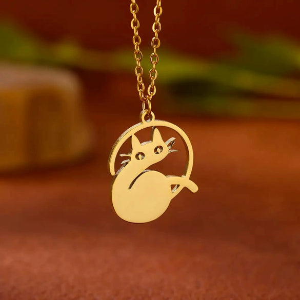 Cartoon Jewelry Kitten Pendant Stainless Steel Necklace With Letter Pattern And Electroplating Treatment