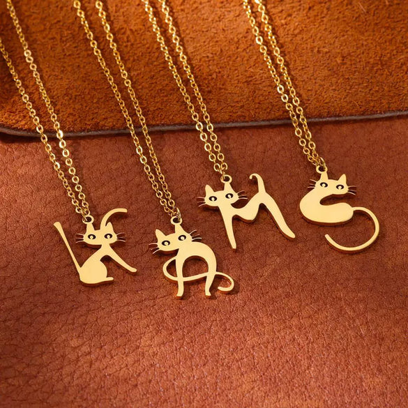 Cartoon Jewelry Kitten Pendant Stainless Steel Necklace With Letter Pattern And Electroplating Treatment