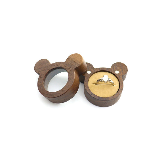 Cartoon Solid Wood Single Ring Box With Transparent Lid Retro Wooden Jewelry Storage Box For Wedding Proposal Ring Packaging