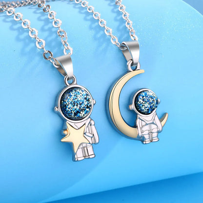 Cartoon Style Astronaut Star Moon Titanium Steel Pendant Necklace