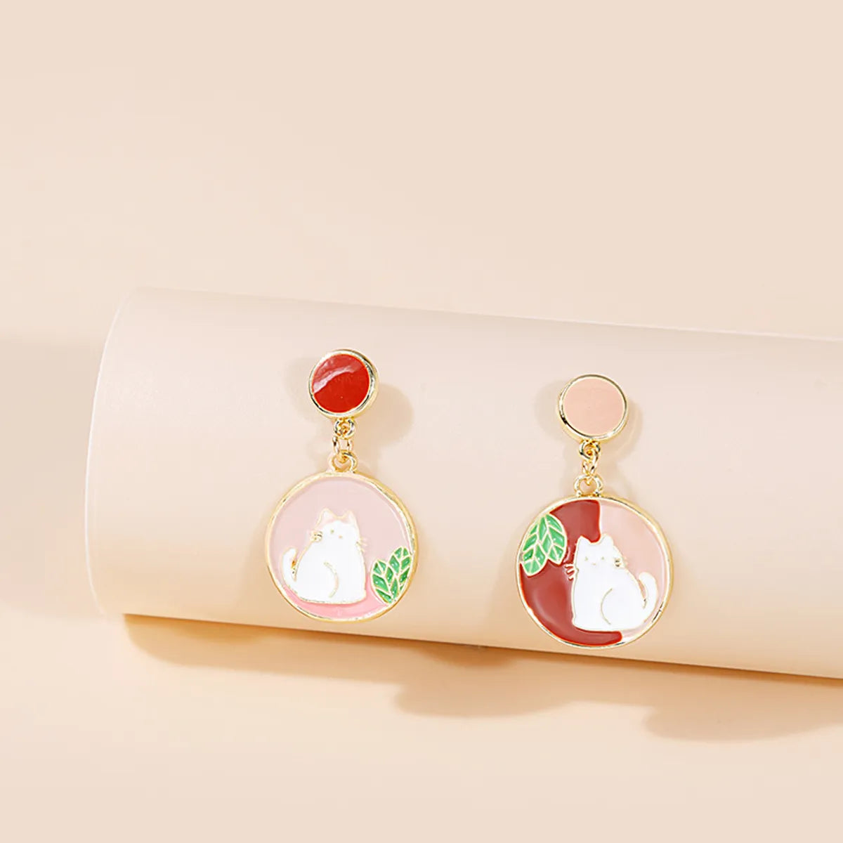 1 Pair Cartoon Style Cat Asymmetrical Enamel Plating Alloy Drop Earrings