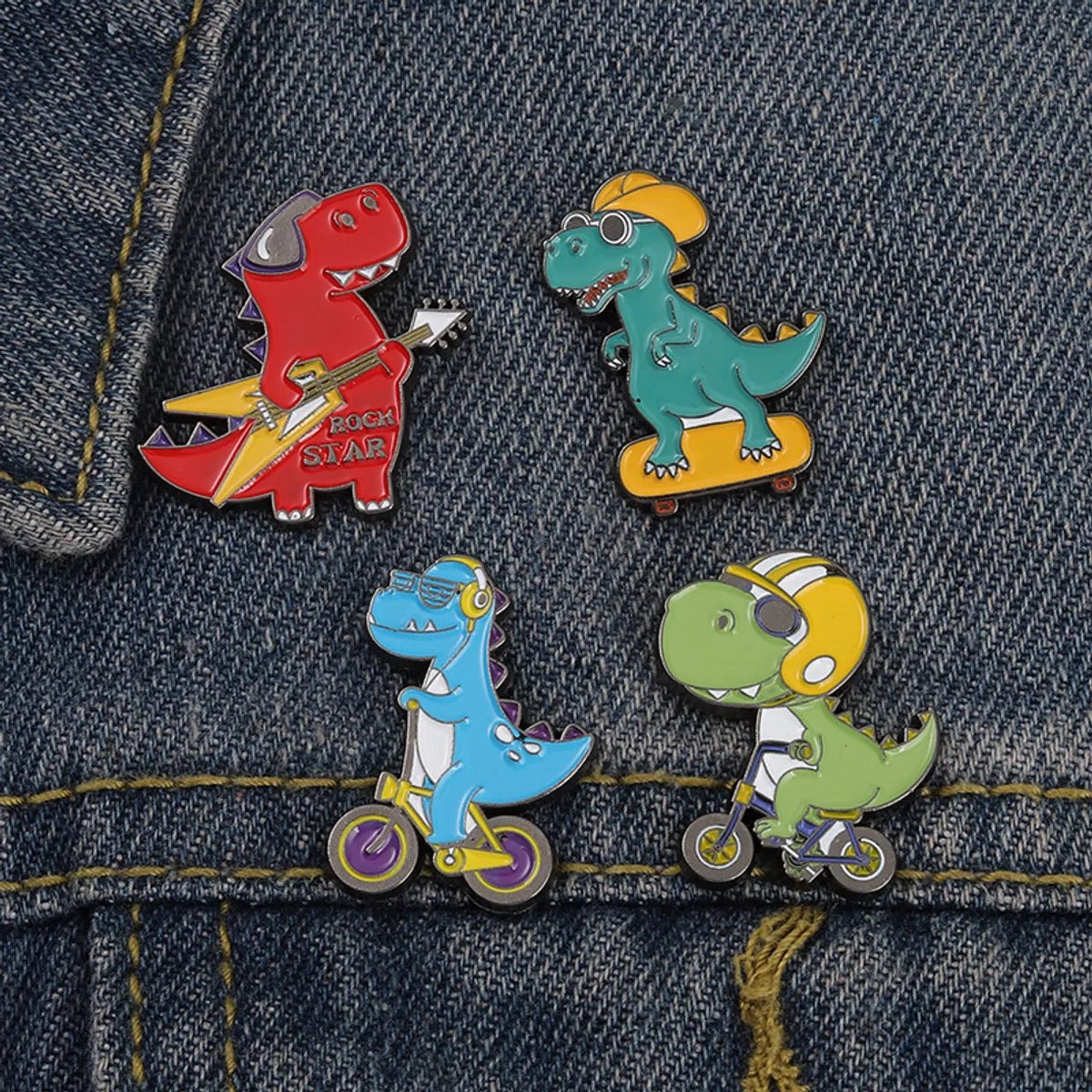 Cartoon Style Cute Cowboy Style Guitar Dinosaur Bicycle Alloy Stamping Stoving Varnish Plating Unisex Brooches