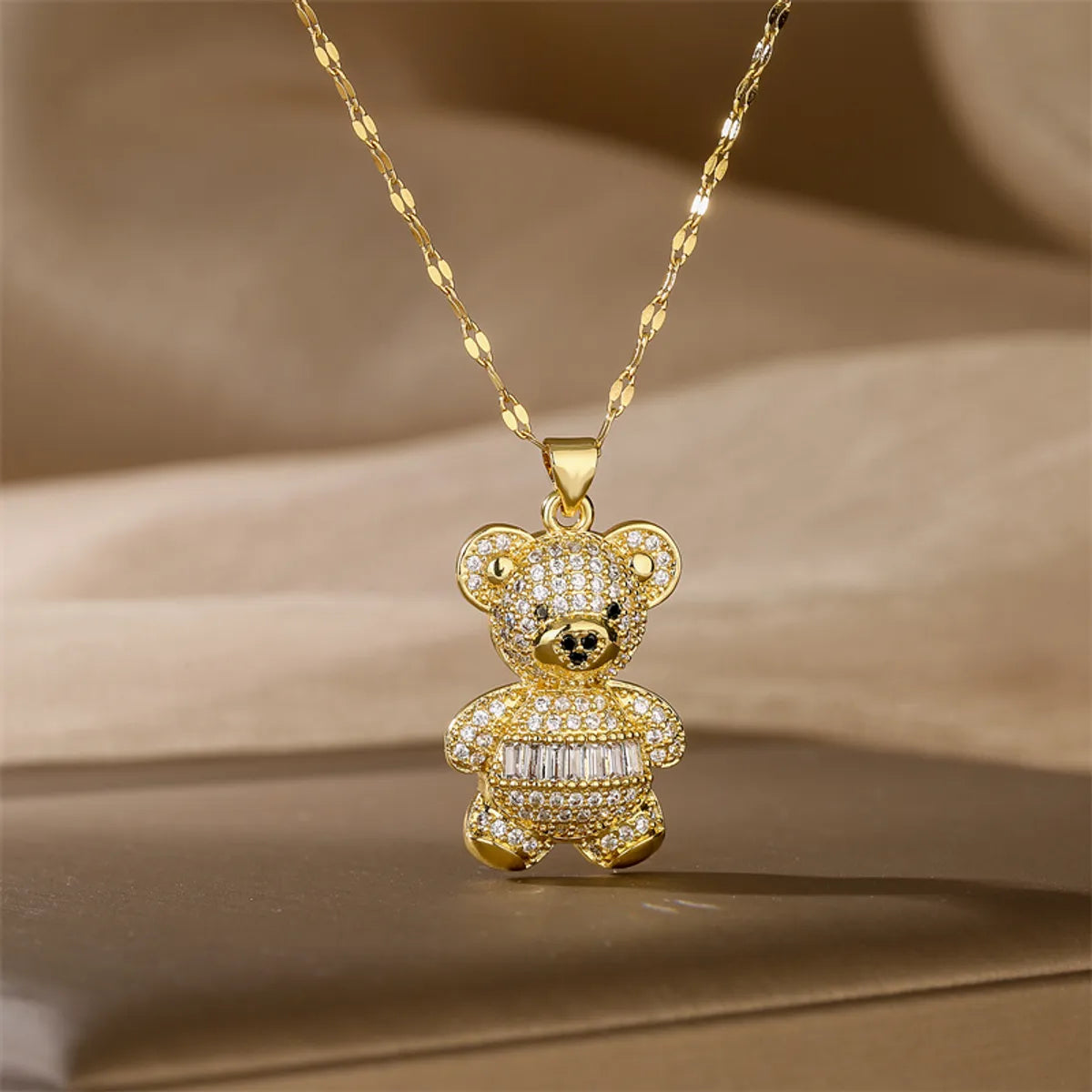 Wholesale Jewelry Cartoon Style Cute Little Bear Titanium Steel Copper Zircon Plating Inlay Pendant Necklace