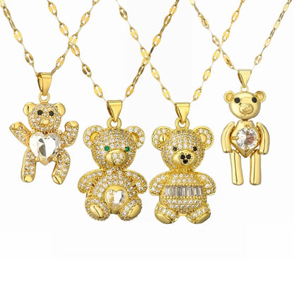 Wholesale Jewelry Cartoon Style Cute Little Bear Titanium Steel Copper Zircon Plating Inlay Pendant Necklace