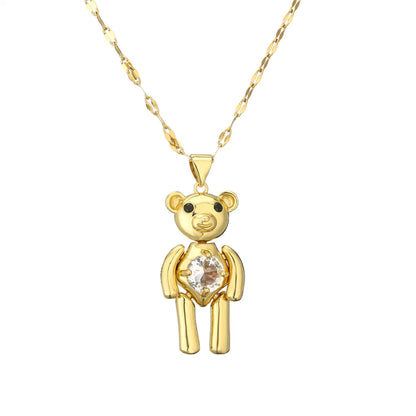 Wholesale Jewelry Cartoon Style Cute Little Bear Titanium Steel Copper Zircon Plating Inlay Pendant Necklace