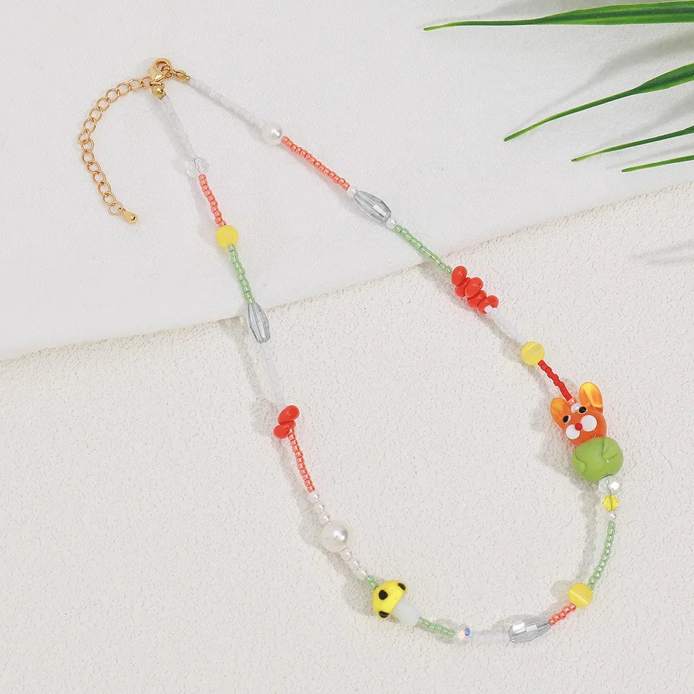 Cartoon Style Cute Pastoral Irregular Mushroom 18K Gold Plated Glass Seed Bead Titanium Steel Wholesale Necklace