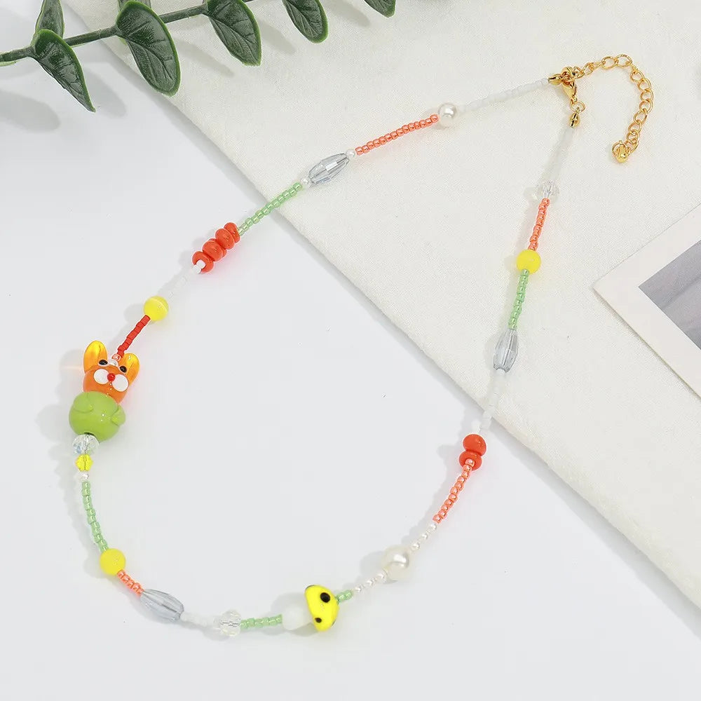 Cartoon Style Cute Pastoral Irregular Mushroom 18K Gold Plated Glass Seed Bead Titanium Steel Wholesale Necklace