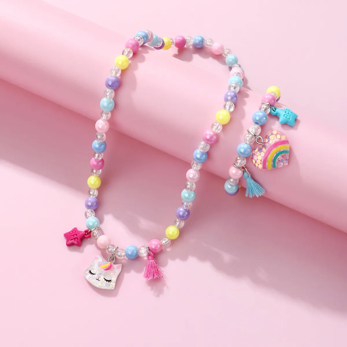 Cartoon Style Cute Sweet Rainbow Heart Shape Cat Beaded Resin Beaded Girl'S Bracelets Necklace