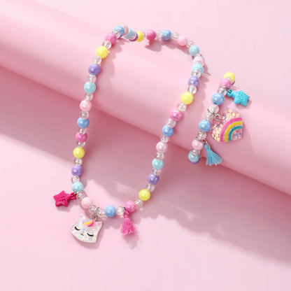 Cartoon Style Cute Sweet Rainbow Heart Shape Cat Beaded Resin Beaded Girl'S Bracelets Necklace