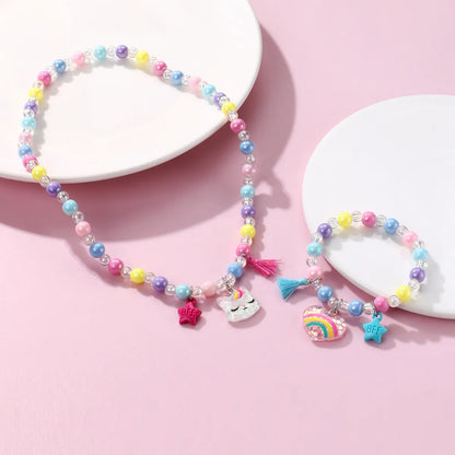 Cartoon Style Cute Sweet Rainbow Heart Shape Cat Beaded Resin Beaded Girl'S Bracelets Necklace