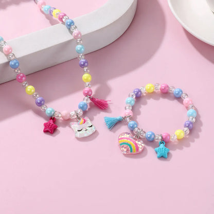 Cartoon Style Cute Sweet Rainbow Heart Shape Cat Beaded Resin Beaded Girl'S Bracelets Necklace