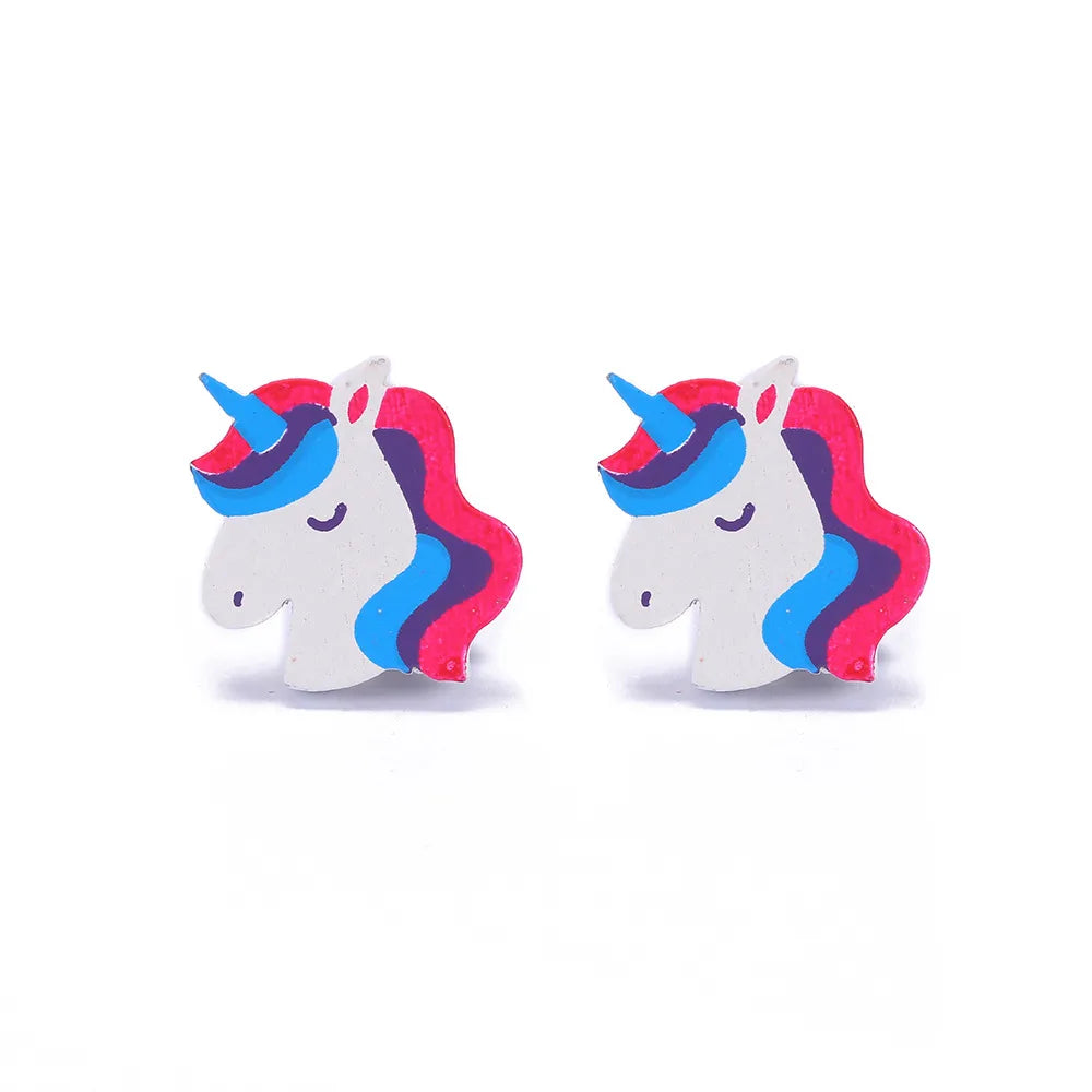 Cartoon Style Rabbit Unicorn Wood Stoving Varnish Women'S Ear Clips 1 Pair