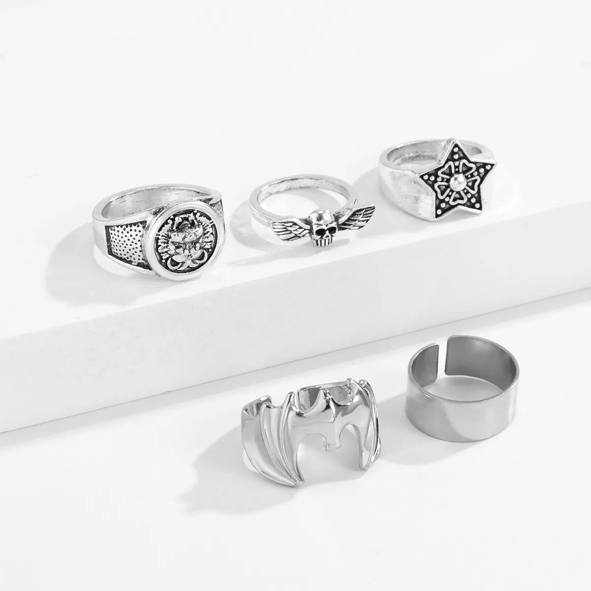 Cartoon Style Star Wings Skull Alloy Rings 5 Pieces