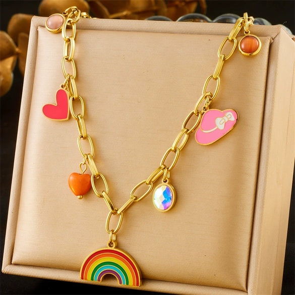 Cartoon Sweet Color Dripping Glue Rainbow Clouds Stainless Steel Titanium Steel O Chain Necklace With Electroplating Heart Shape Design For Women