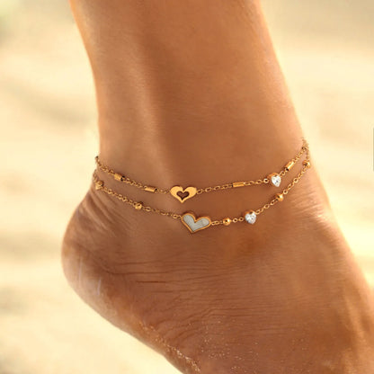 Casual Beach Round Heart Shape 304 Stainless Steel Plating Inlay Pearl Shell Zircon 18K Gold Plated Women's Anklet